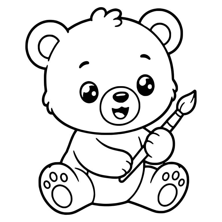 Kawaii Bear Cub Sitting with a Paintbrush — free animal SVG cut file