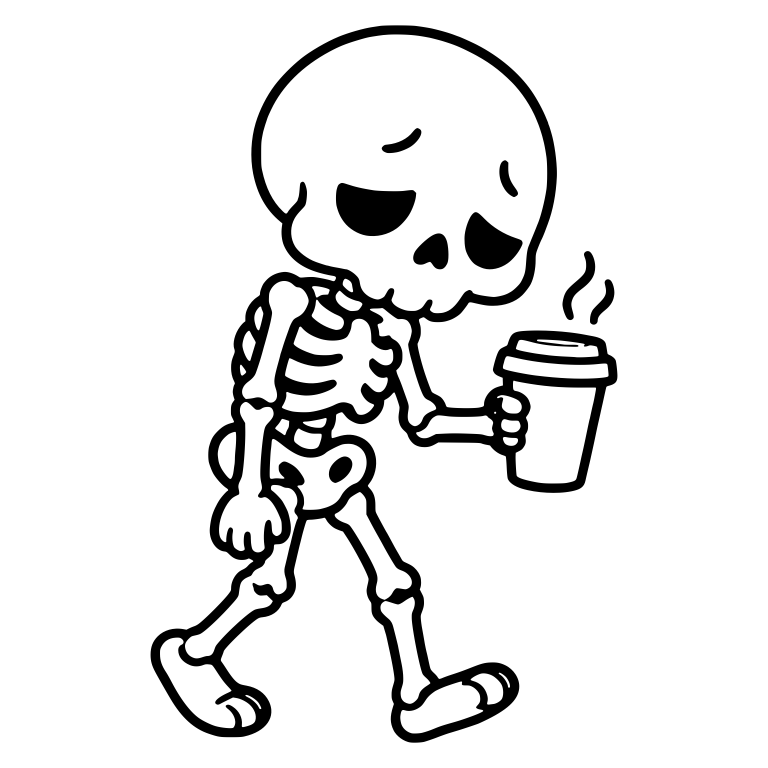 Sleepy Kawaii Skeleton Shuffling with To-Go Coffee — free skeleton SVG cut file