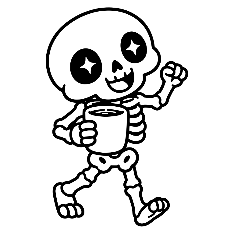 Excited Skeleton Walking with Coffee Mug and Raised Fist — free skeleton SVG cut file