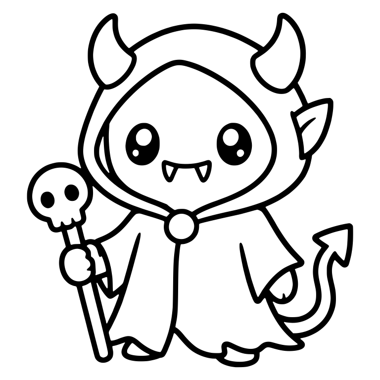 Hooded Little Devil in Cloak Holding Skull Staff — free fantasy-creature SVG cut file