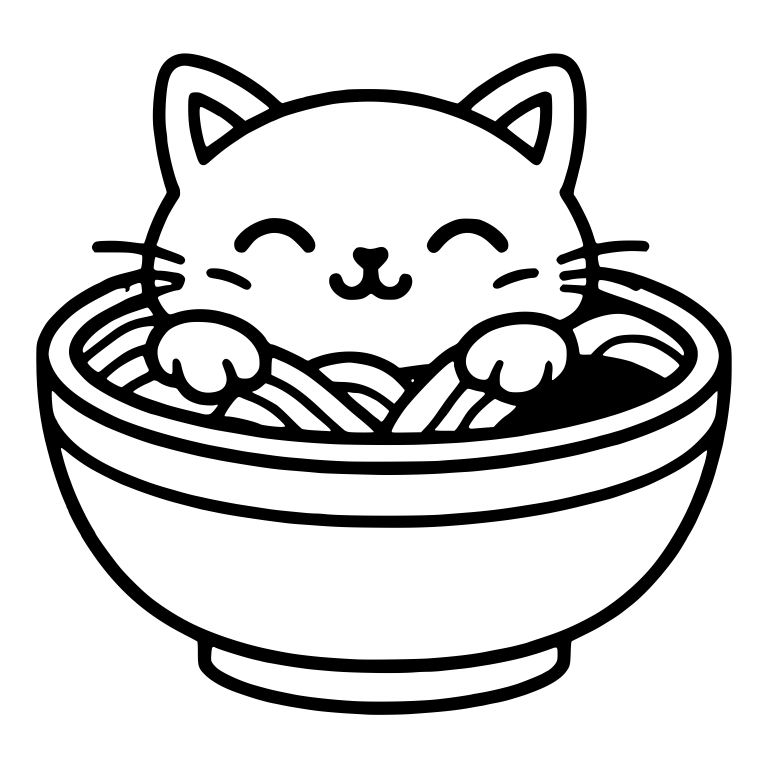 Happy Cat With Closed Eyes Soaking In A Noodle Bowl — free animal SVG cut file