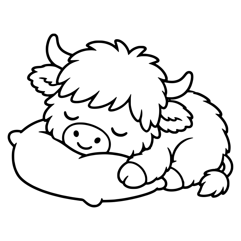 Sleepy Highland Cow Resting Head on Pillow, Tail Out — free animal SVG cut file