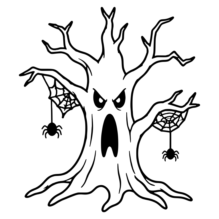 Angry Tree with Two Spider Webs and Hanging Spiders — free floral SVG cut file