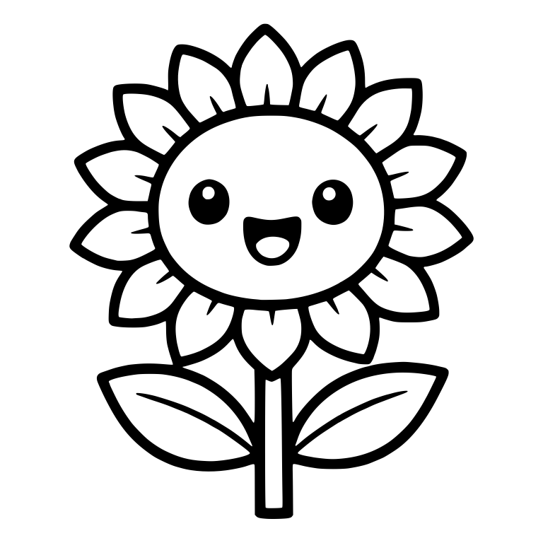 Open-Mouth Happy Sunflower With Two Plain Leaves — free floral SVG cut file