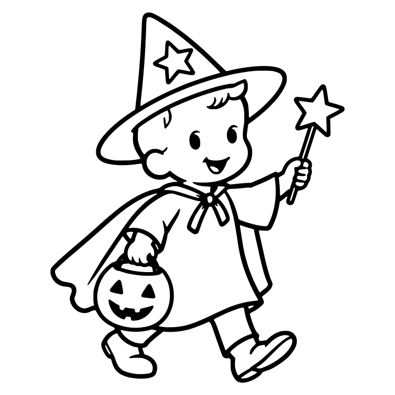 Child In Witch Costume With Star Wand And Pumpkin Pail — free characters SVG cut file