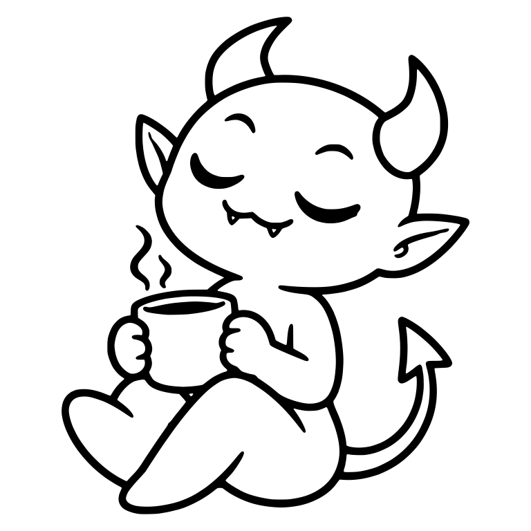 Content Demon Holding Steaming Mug With Eyes Closed — free fantasy-creature SVG cut file