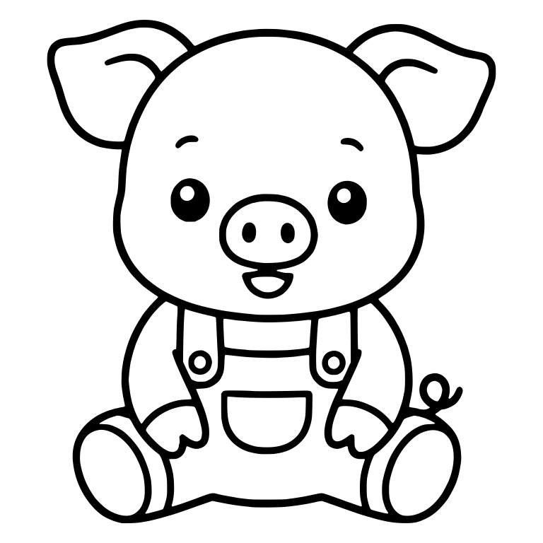 Round Headed Piglet In Overalls Sitting Smiling — free animal SVG cut file