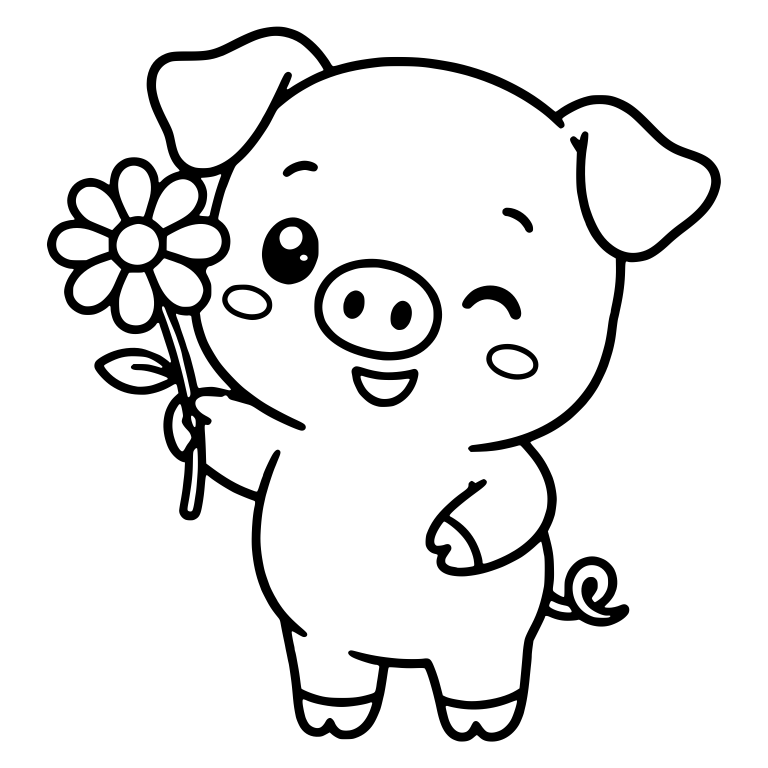 Winking Piglet Holding Up A Daisy — free animal SVG cut file