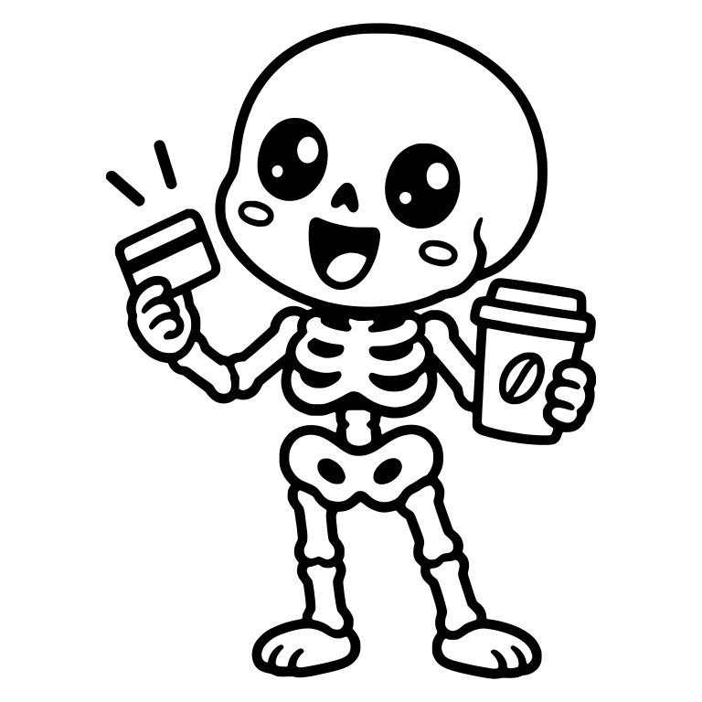 Kawaii Skeleton Paying with Card and Holding Coffee Cup — free skeleton SVG cut file