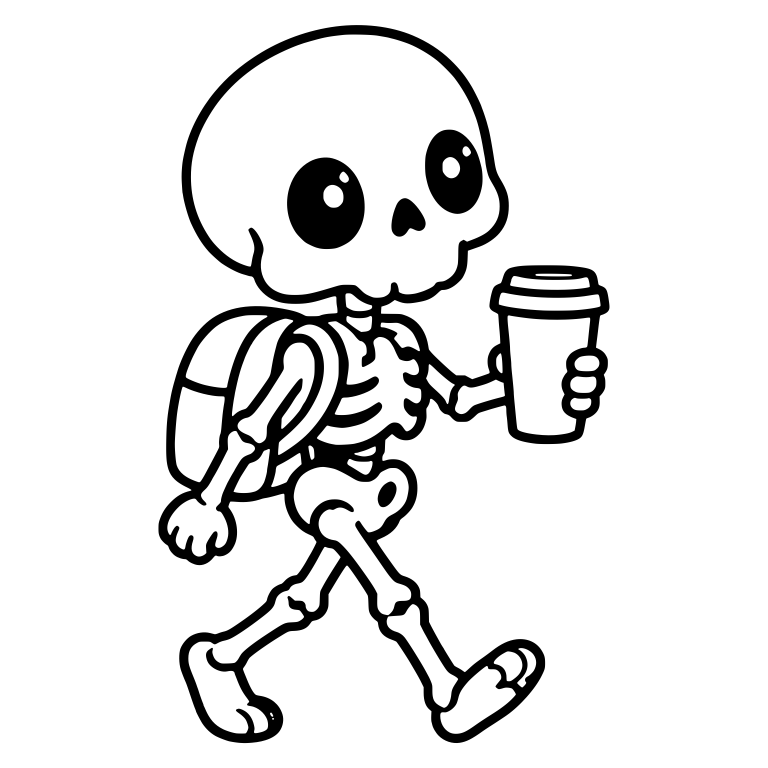 Kawaii Skeleton Walking with Backpack and To-Go Coffee — free skeleton SVG cut file