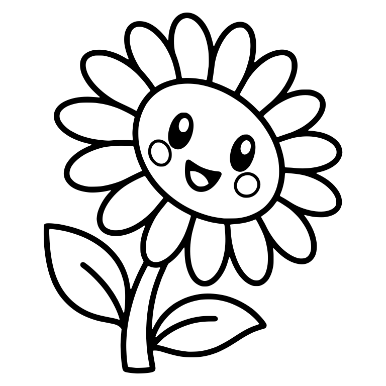 Tilted Sunflower With Open Smile And Two Leaves — free floral SVG cut file