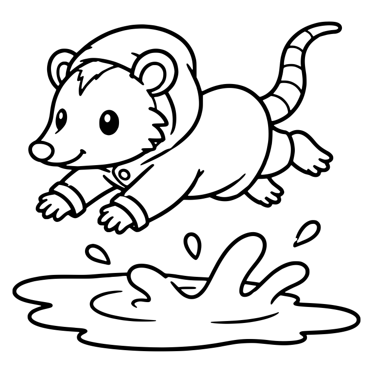 Opossum in Raincoat Leaping Over a Puddle Splash — free animal SVG cut file