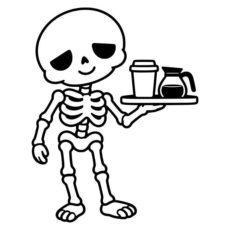 Sleepy-Eyed Skeleton Serving To-Go Cup and Coffee Pot — free skeleton SVG cut file