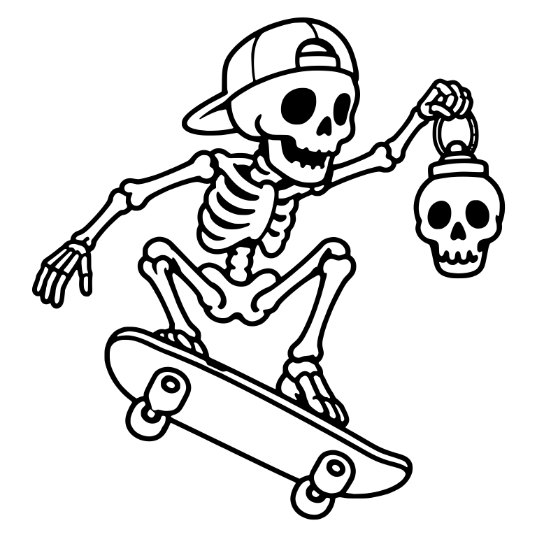 Crouching Skeleton Skater Holding Skull Lantern Up — free skeleton SVG cut file