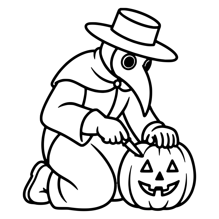 Plague Doctor Kneeling to Carve a Jack-o'-Lantern — free characters SVG cut file