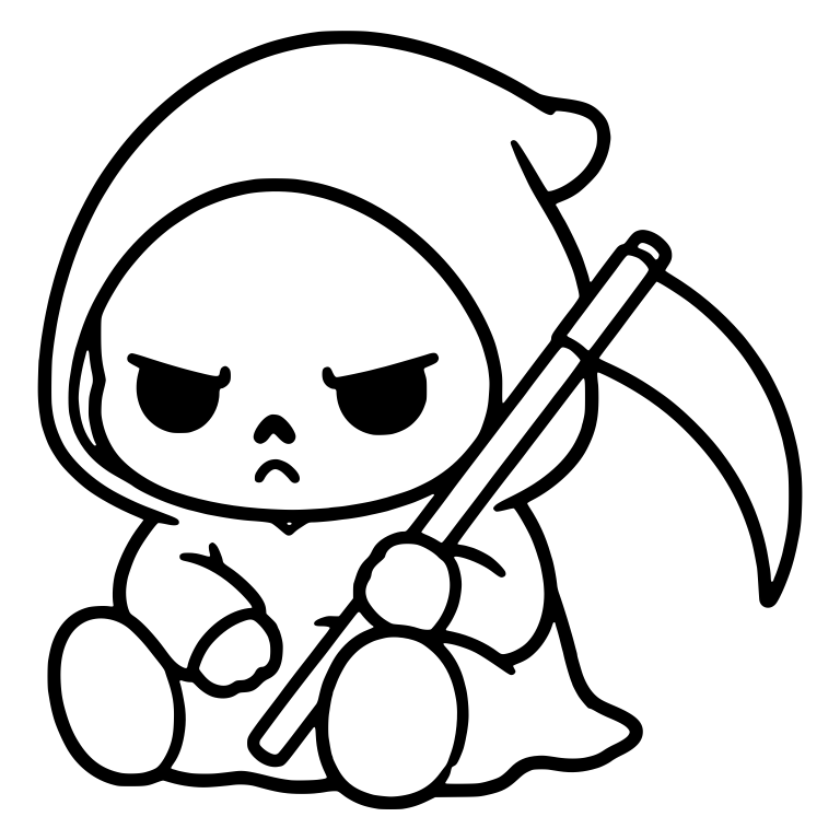 Cranky Grim Reaper Sitting With Scythe Across Lap — free characters SVG cut file