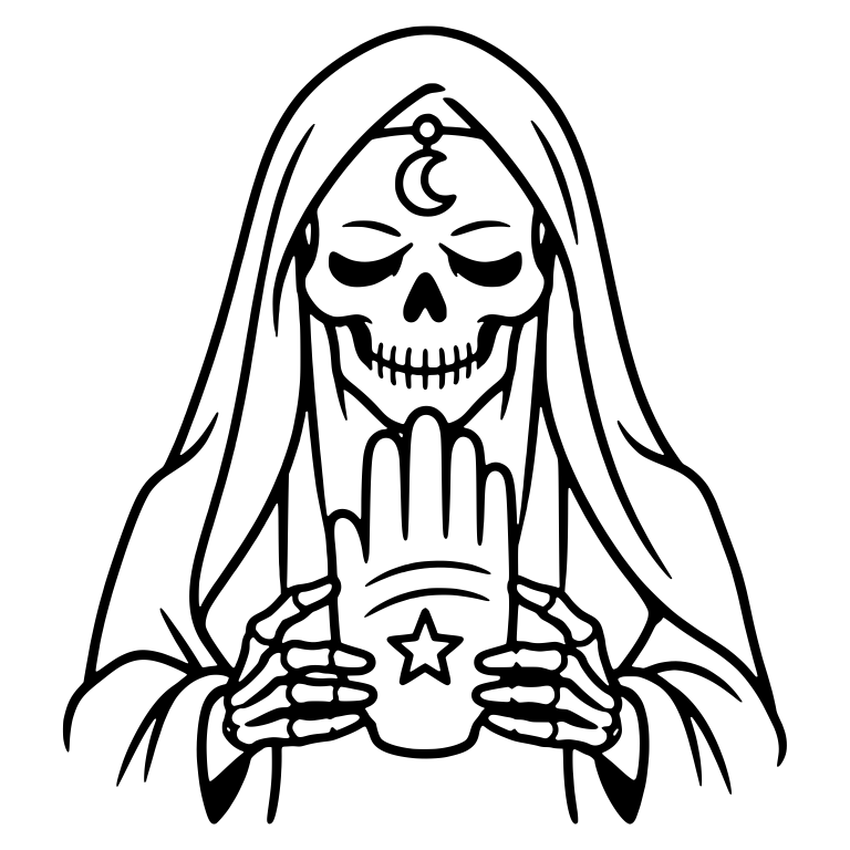 Hooded Skeleton Fortune Teller Holding Star Palm — free skeleton SVG cut file
