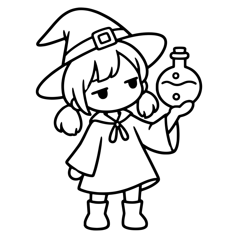 Bored Witch with Pigtails Holding Up Potion Flask — free characters SVG cut file