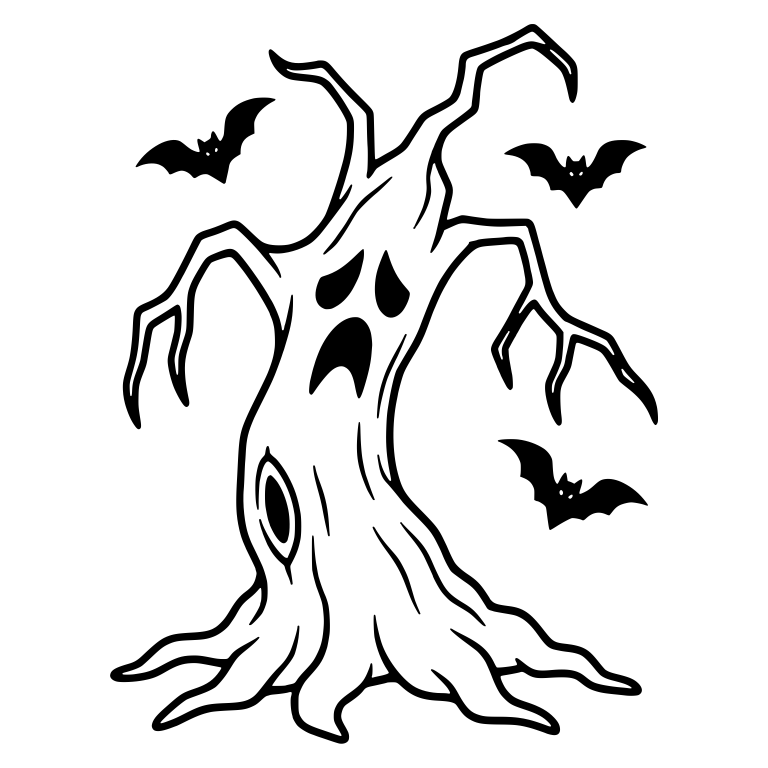 Sad Wailing Face Tree with Three Flying Bats — free fantasy-creature SVG cut file