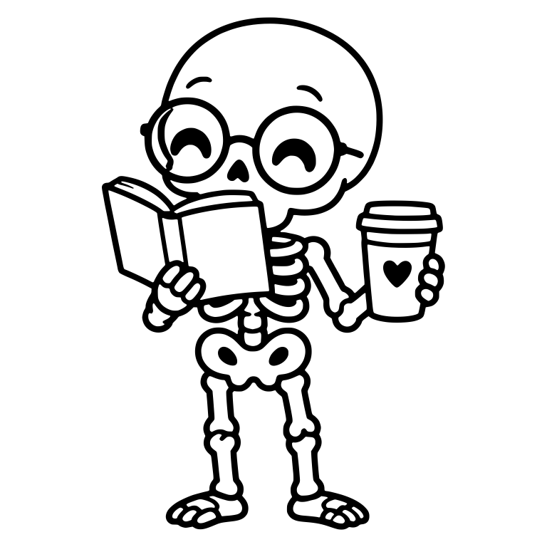 Bookish Skeleton in Glasses with Heart Coffee Cup — free skeleton SVG cut file
