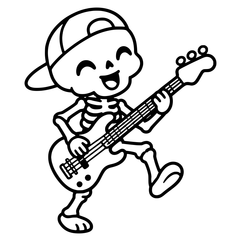 Skeleton Bassist in Backward Cap Stepping and Laughing — free skeleton SVG cut file