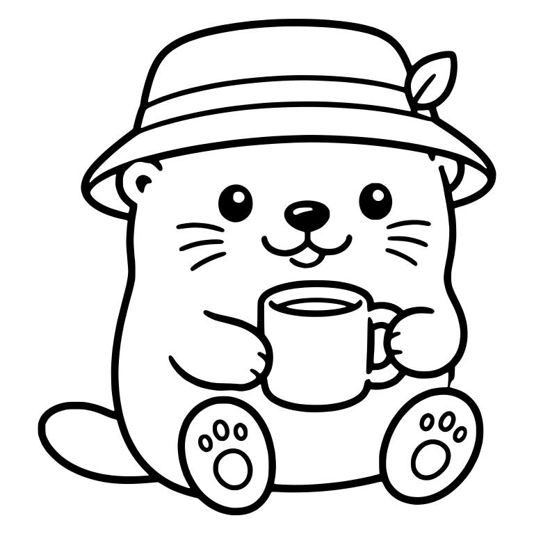 Kawaii Otter in Leaf Bucket Hat Holding a Camp Mug — free animal SVG cut file