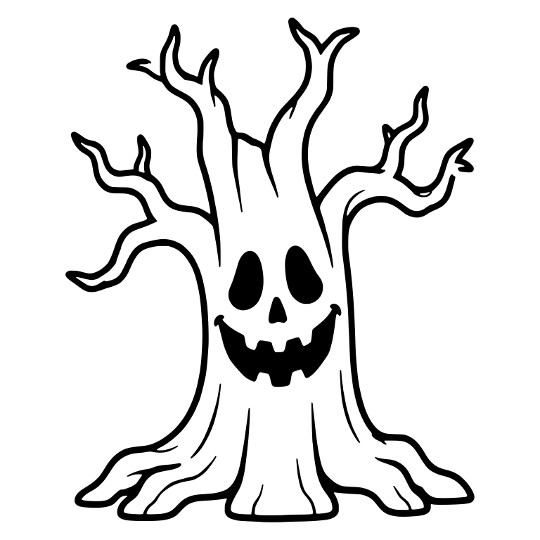 Smiling Haunted Tree With Pumpkin Grin and Gnarled Roots — free floral SVG cut file