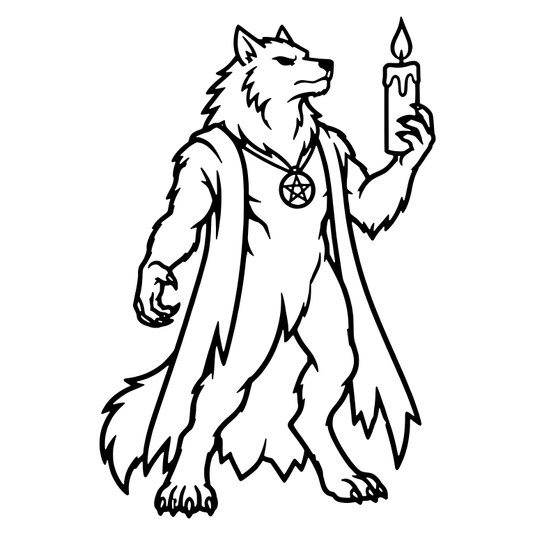 Werewolf In Robe Holding Candle And Pentagram Amulet — free fantasy-creature SVG cut file