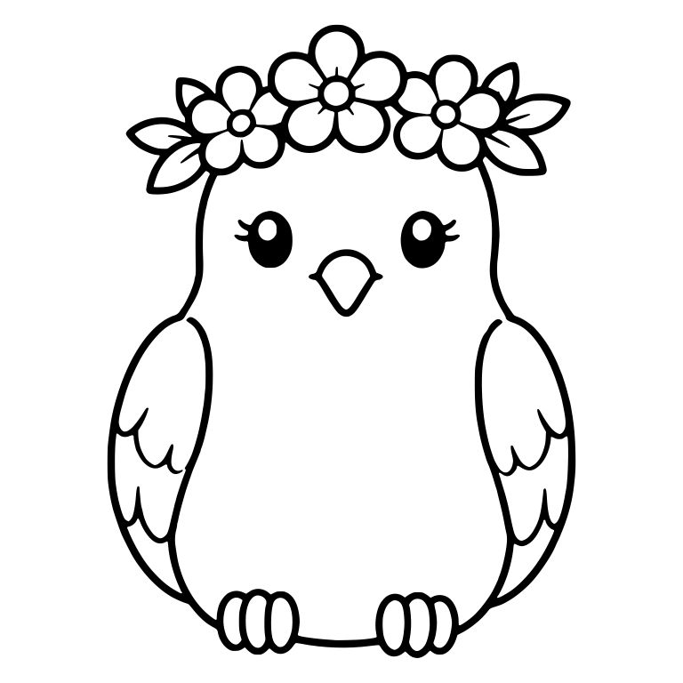 Round Front-Facing Bird With Three-Flower Crown — free animal SVG cut file
