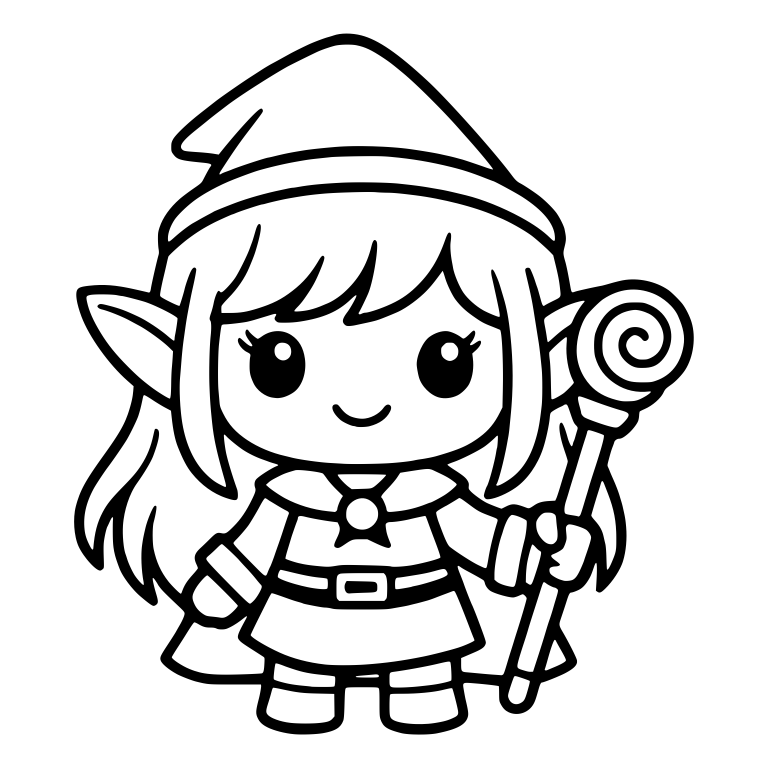 Elf Girl with Pointed Hat and Swirl-Topped Staff — free characters SVG cut file