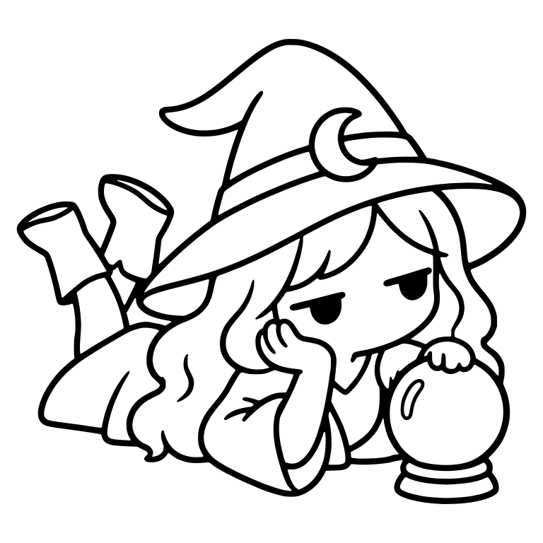 Bored Witch Lying on Stomach by Crystal Ball, Moon Hat — free characters SVG cut file