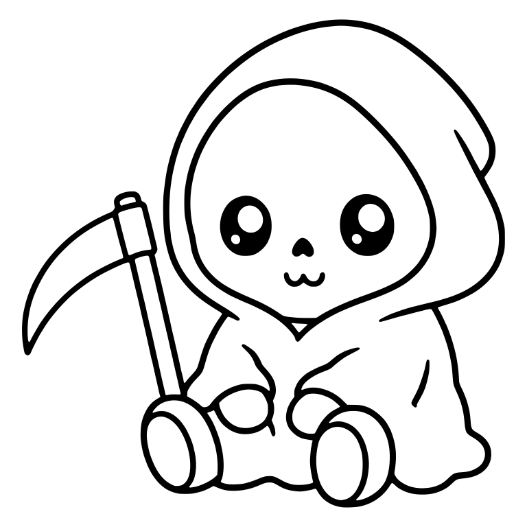 Sitting Kawaii Reaper With Scythe Beside — free characters SVG cut file