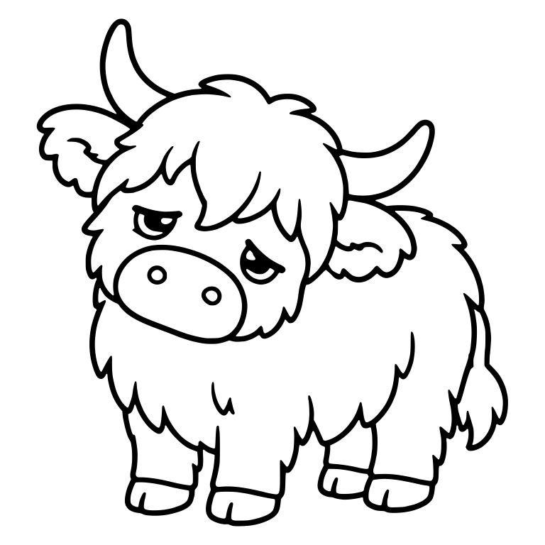 Tired Eyed Highland Cow Standing In Three Quarter View — free animal SVG cut file