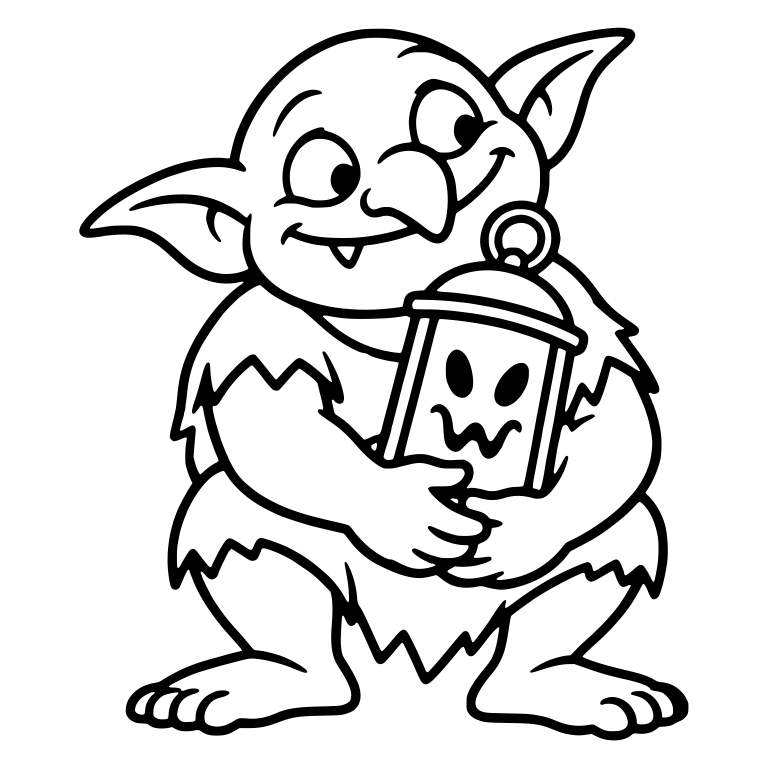 Chubby Goblin Hugging Lantern with Wavy Ghostly Face — free fantasy-creature SVG cut file