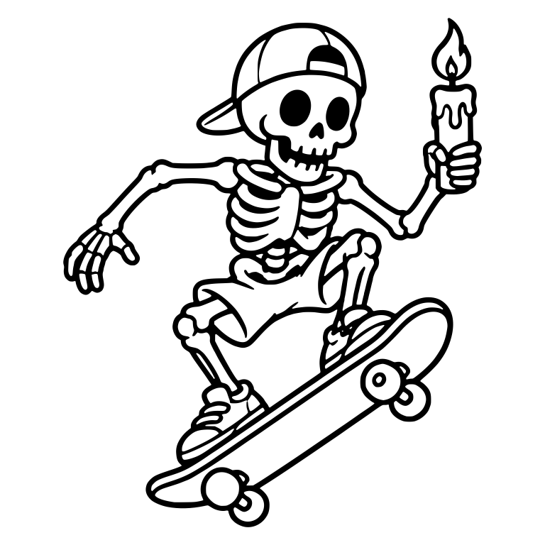 Skeleton Skater In Backwards Cap Holding Lit Candle — free skeleton SVG cut file