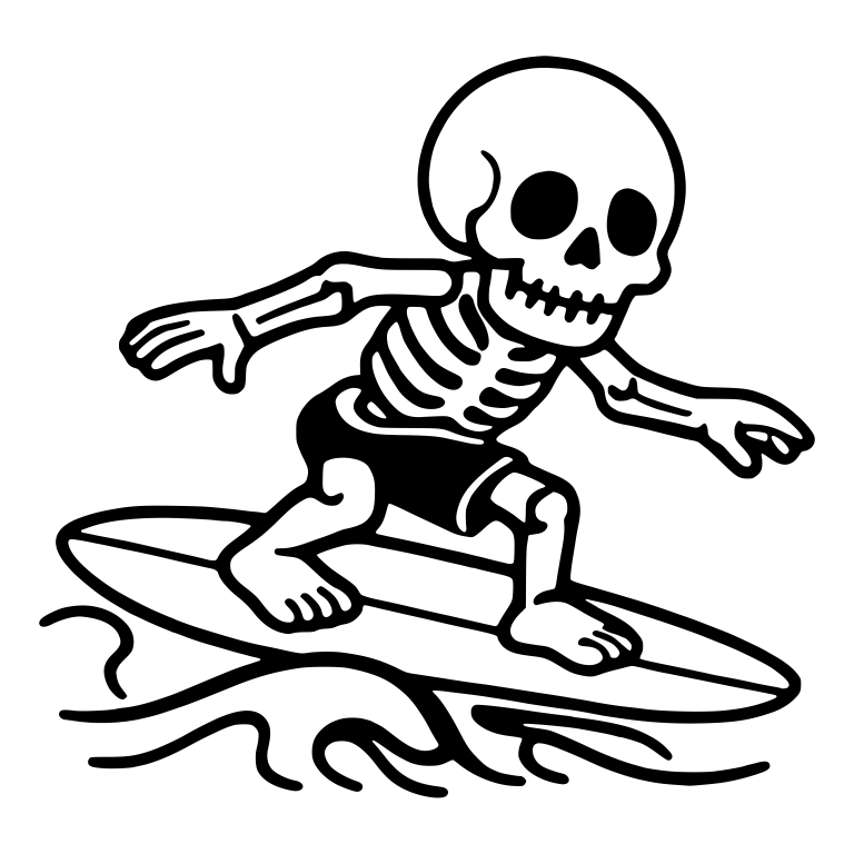Skeleton Surfing a Wave in Black Boardshorts — free skeleton SVG cut file