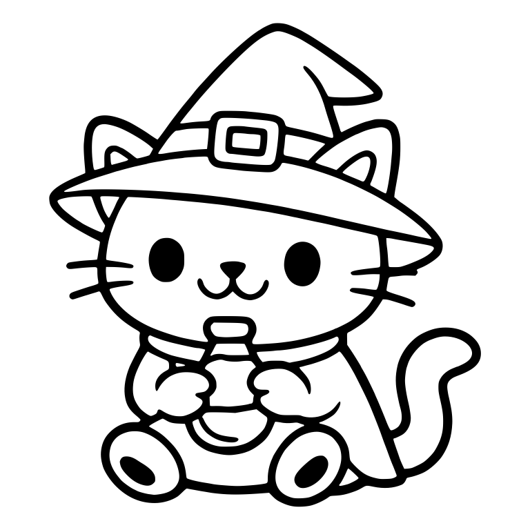 Sitting Kitten in Witch Hat Holding Potion Bottle — free animal SVG cut file