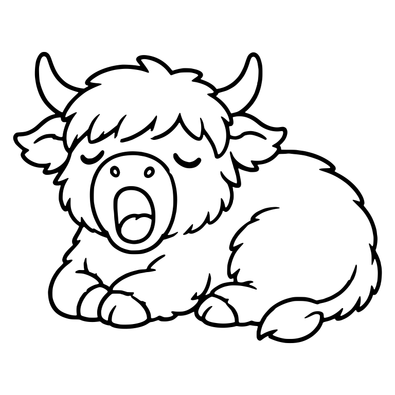 Kawaii Lying Down Highland Cow Yawning — free animal SVG cut file