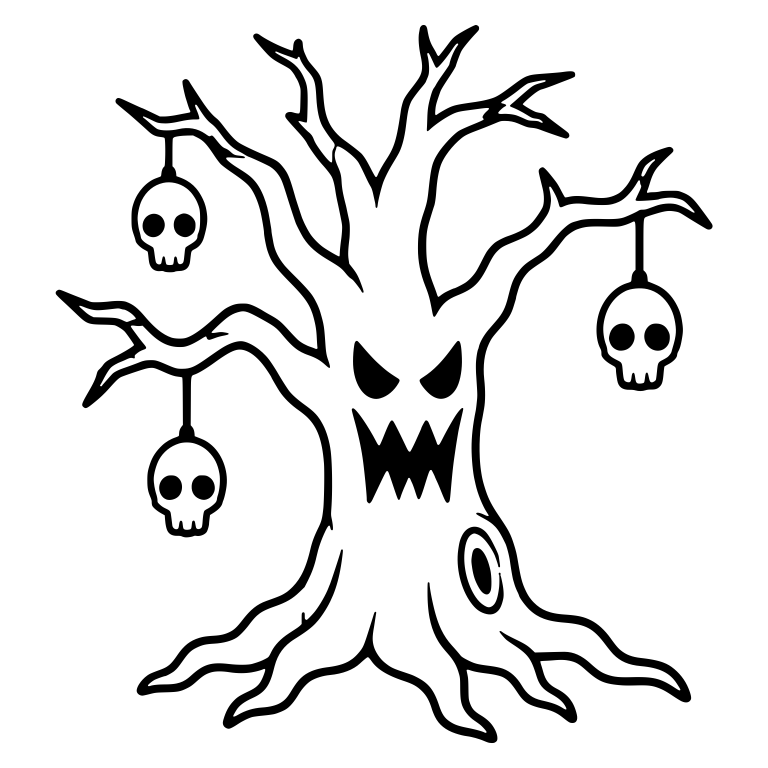 Fanged Tree with Three Dangling Skulls and Knothole — free fantasy-creature SVG cut file