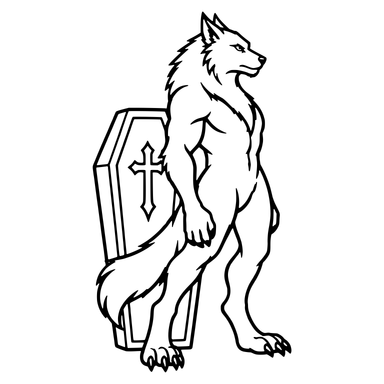 Tall Werewolf Standing Guard Beside Cross Coffin — free fantasy-creature SVG cut file