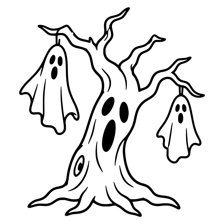 Scared Tree with Two Ghosts Hanging from Branches — free floral SVG cut file