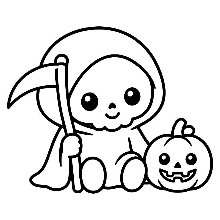 Sitting Grim Reaper Beside a Smiling Jack-o'-Lantern — free characters SVG cut file