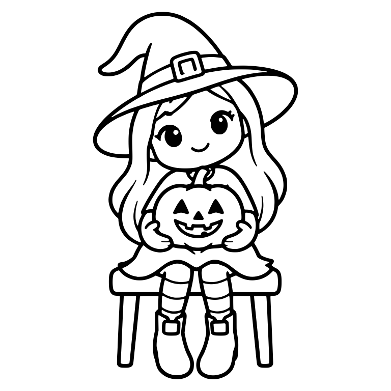 Witch on a Stool Holding a Jack-o-Lantern — free characters SVG cut file