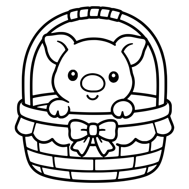 Piglet In Round Basket With Bow And Scalloped Trim — free animal SVG cut file