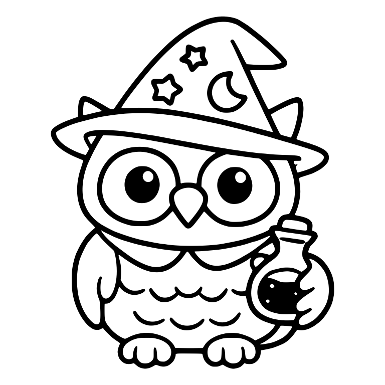 Owl in Star and Moon Wizard Hat Holding Potion — free animal SVG cut file