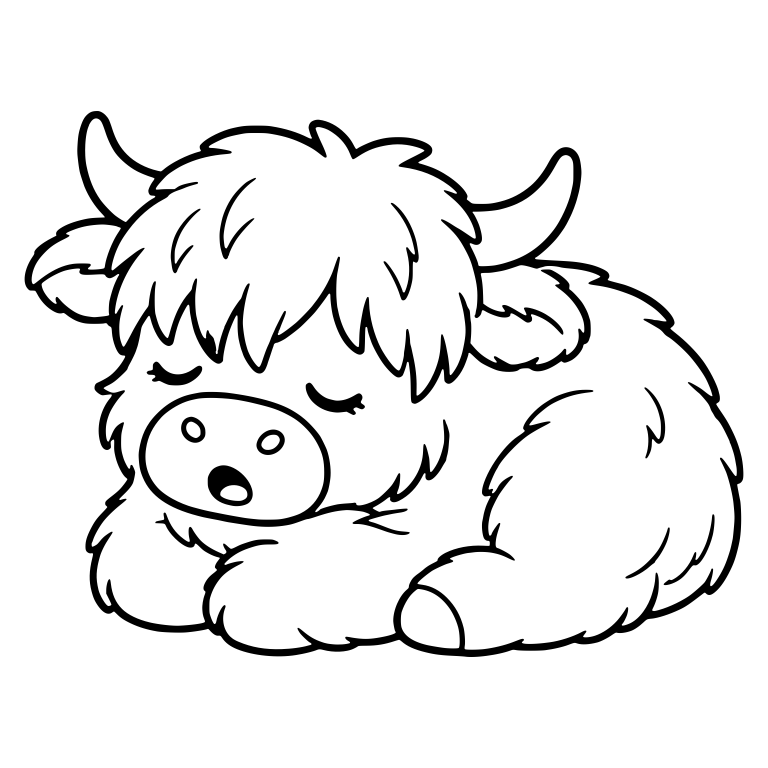 Snoring Highland Cow Curled Up With Head on Front Legs — free animal SVG cut file