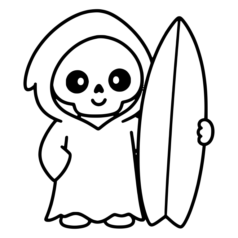 Kawaii Grim Reaper Standing Beside Upright Surfboard — free characters SVG cut file
