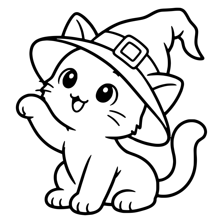 Sitting Kitten Waving Under Big Witch Hat — free animal SVG cut file