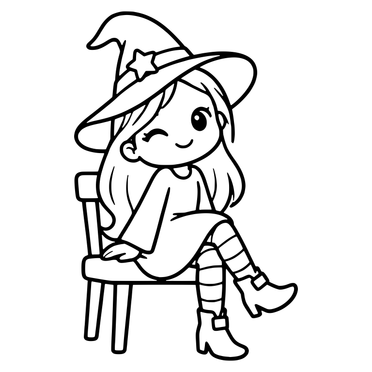 Winking Witch Lounging on a Chair in a Star Hat — free characters SVG cut file