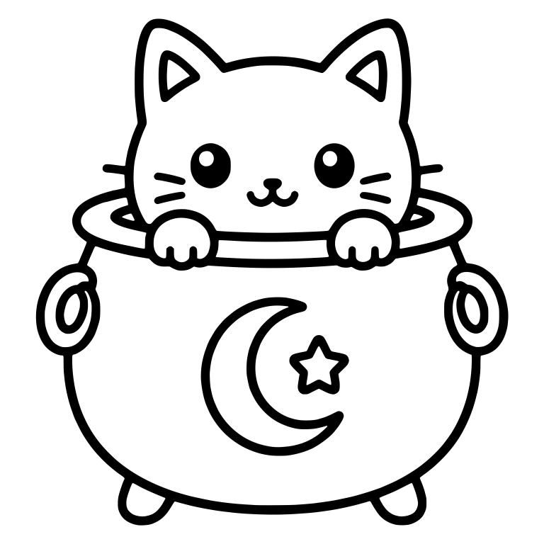 Kawaii Cat Peeking from Cauldron with Moon and Star — free animal SVG cut file